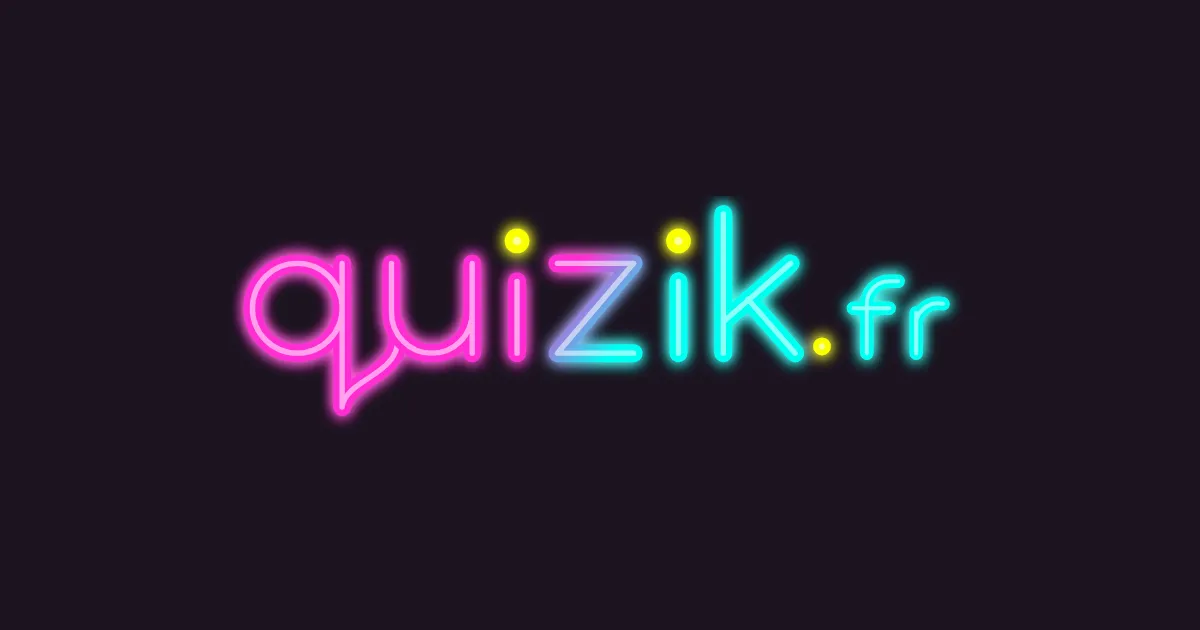 Logo néon « quizik.fr » rose et cyan sur fond aubergine